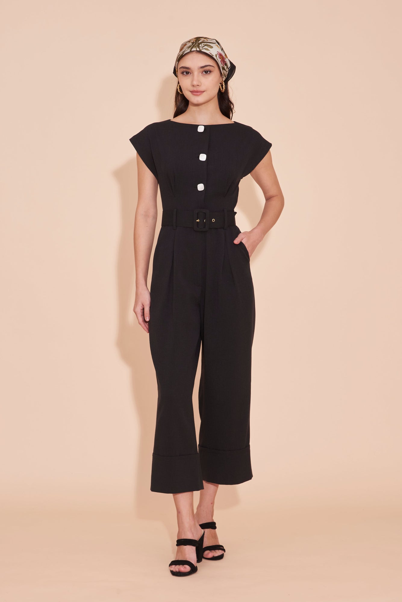 ON A HIGH NOTE | Boat Neck Jumpsuits With White Contrast Buttons in Black