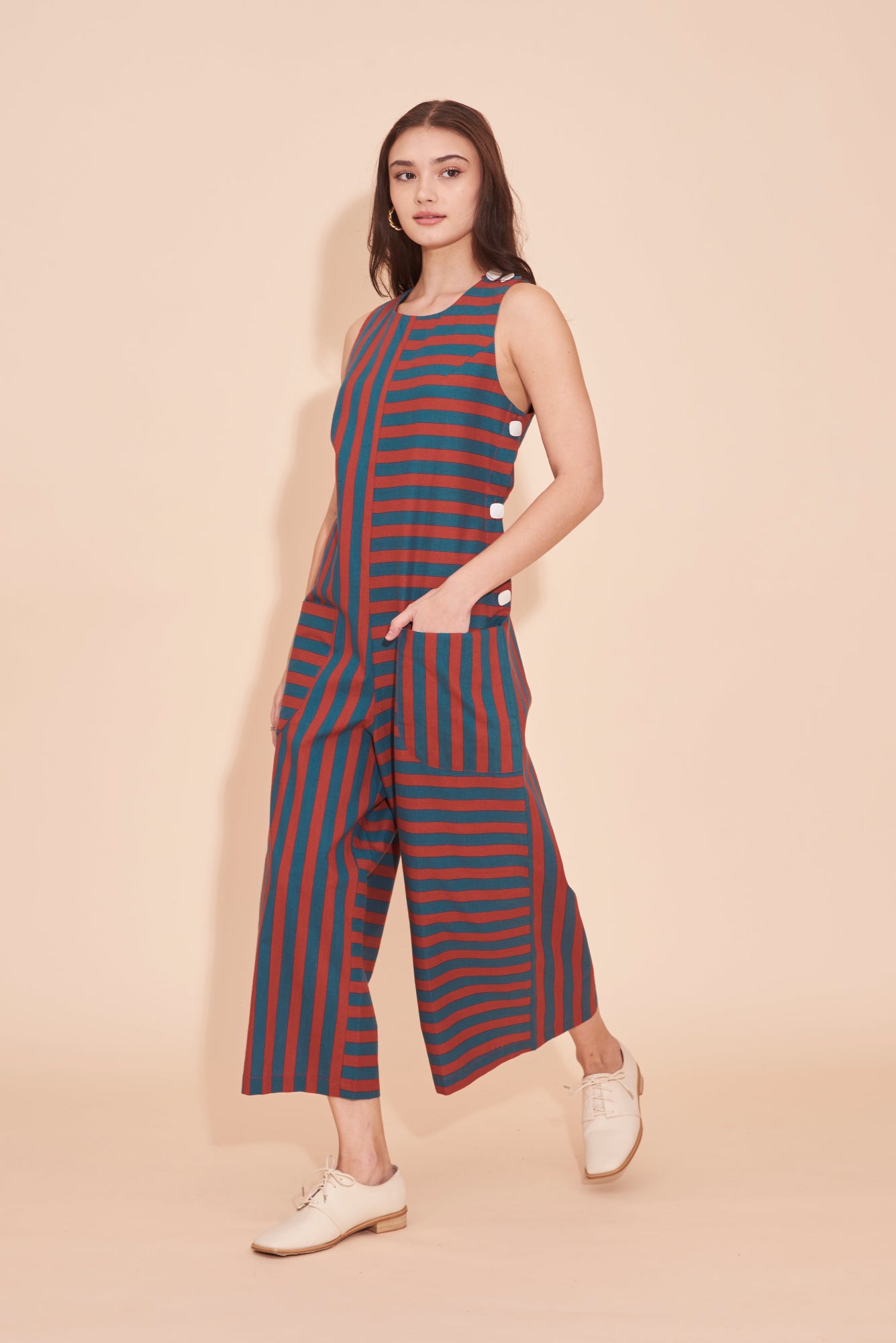 JODIE SAID BEFORE & AFTER Retro Stripes Jumpsuits With Contrast Buttons