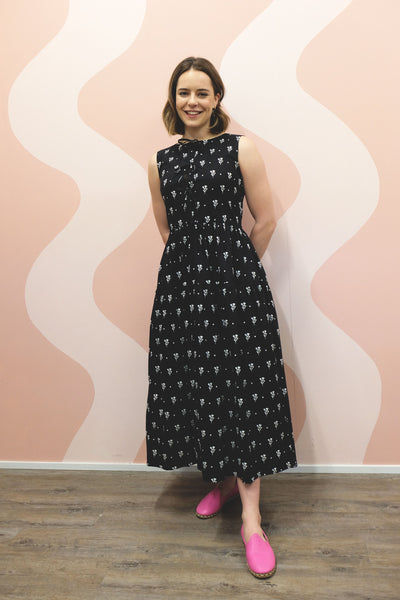 Tinseltown Floral Polka Dot Tiered Maxi Cotton Dress With Tie Front Opening