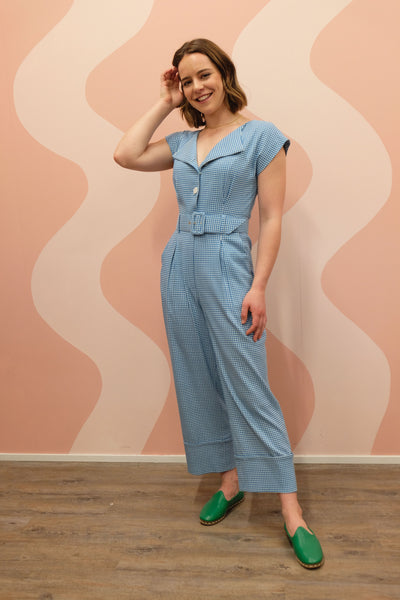 ON A HIGH NOTE | Boat Neck Jumpsuits in Blue and White Gingham