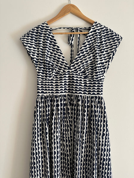 Penny Arcade Scallop Stripes Tea Dress With Plunging V neck In Navy White
