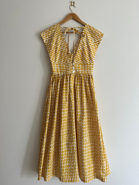 Penny Arcade Scallop Stripes Tea Dress With Plunging V neck In Mustard Yellow
