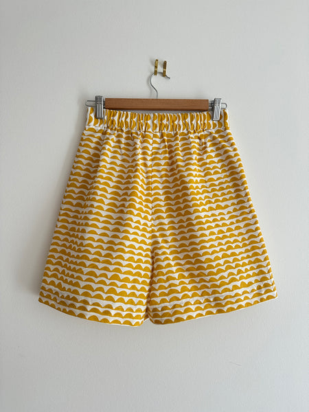 Penny Arcade Scallop Stripes Geo Print High Waisted Shorts With Elastic Waistband in Mustard Yellow