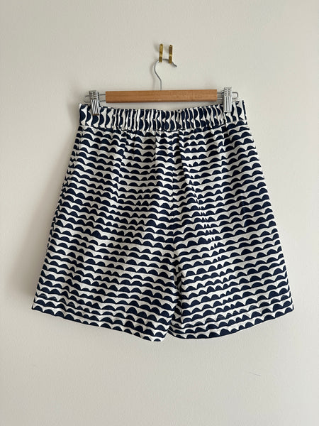 Penny Arcade Scallop Stripes Geo Print High Waisted Shorts With Elastic Waistband in Navy White