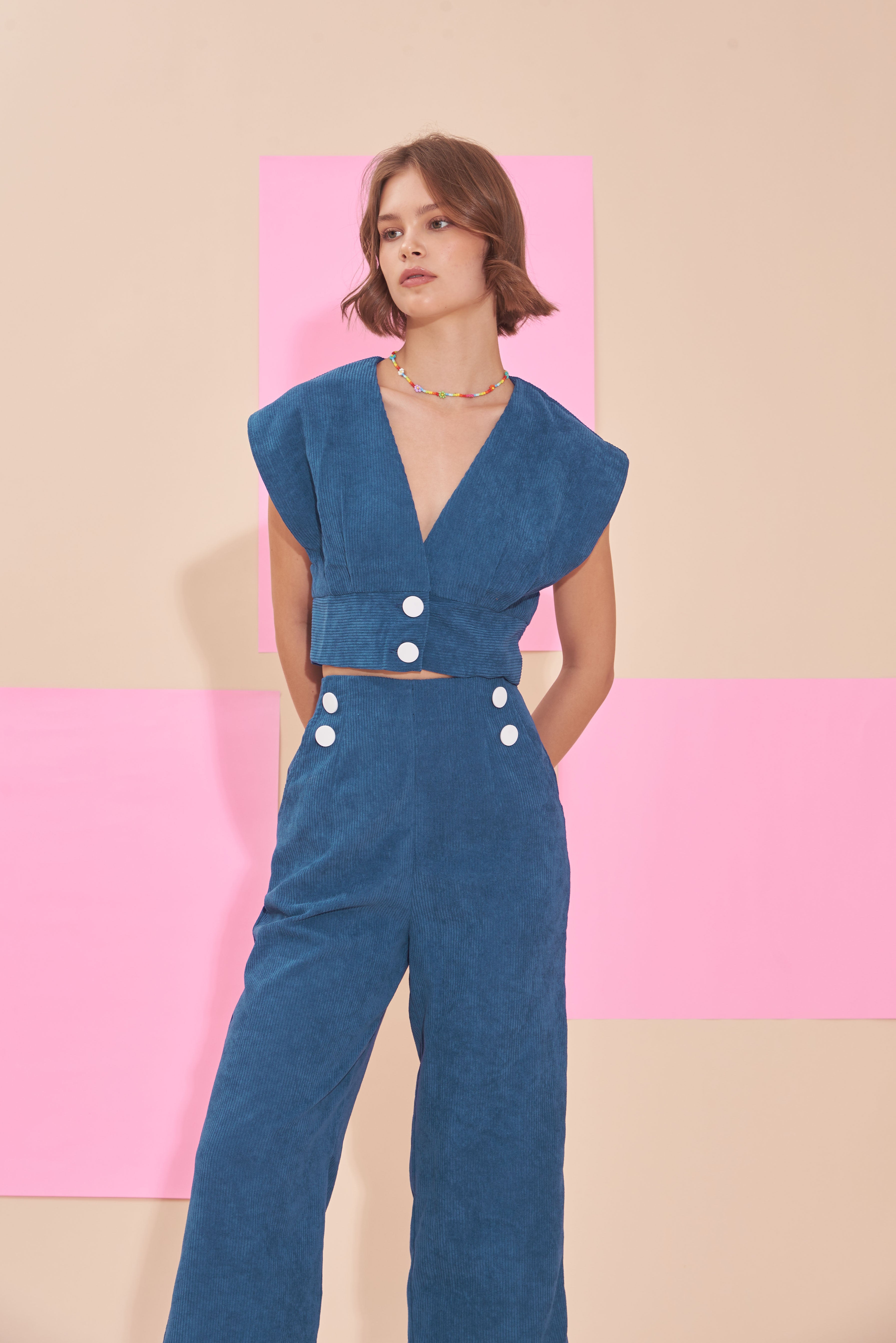 "SUNSHINE" Plunging V neck Cropped Top With Empire Waist in Dark Teal Cotton Corduroy