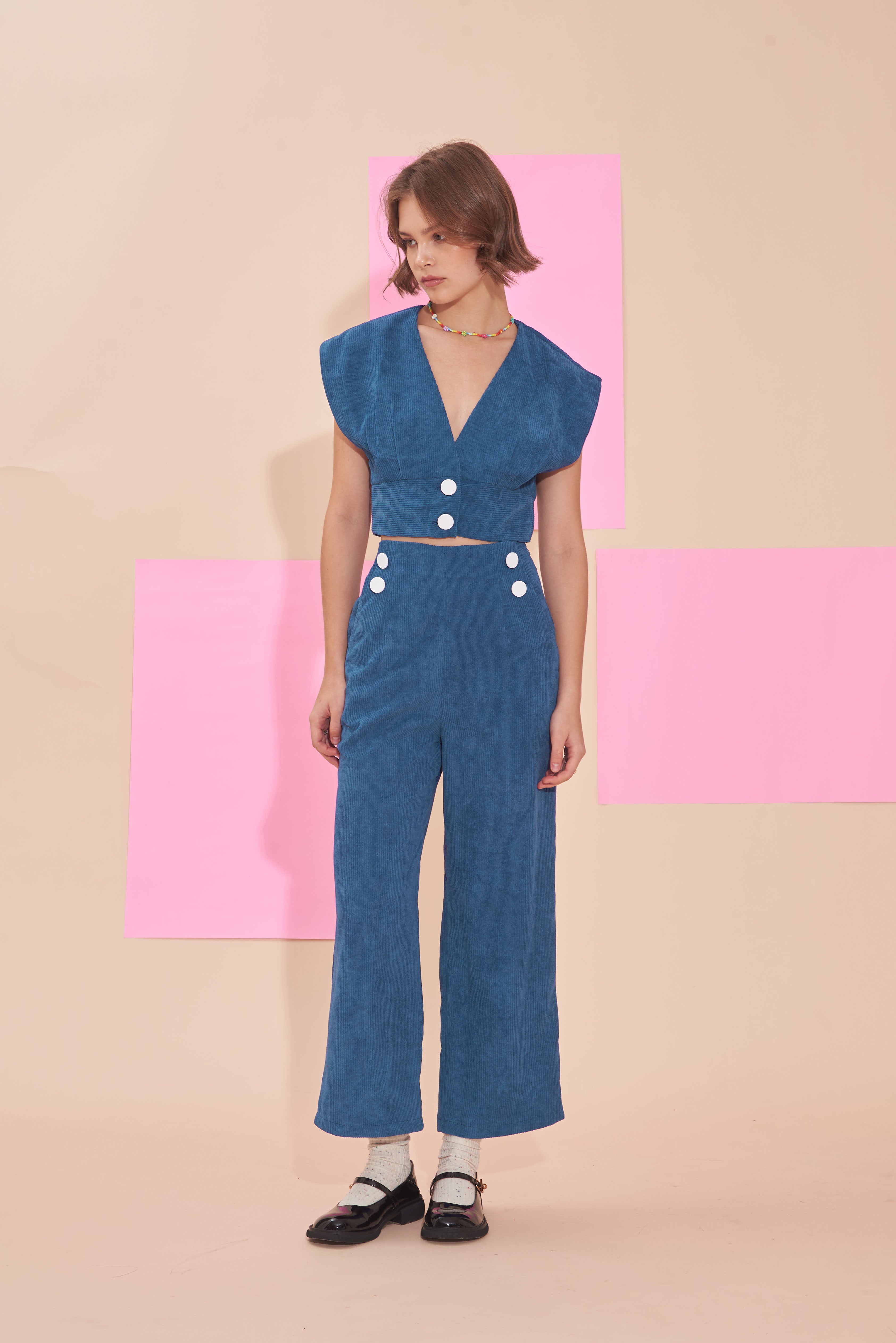 "SUNSHINE" Plunging V neck Cropped Top With Empire Waist in Dark Teal Cotton Corduroy