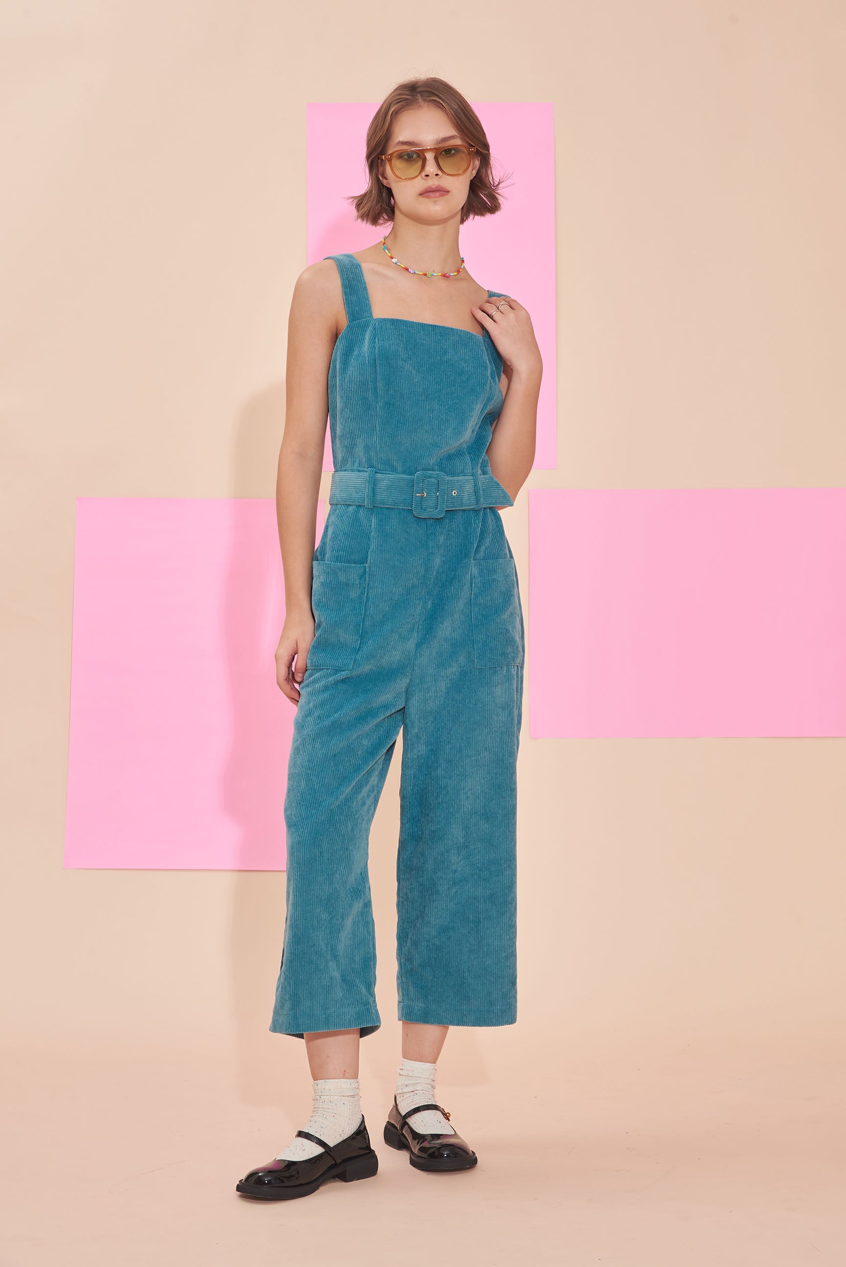 "SUNSHINE" Corduroy Pinafore Jumpsuits in Teal