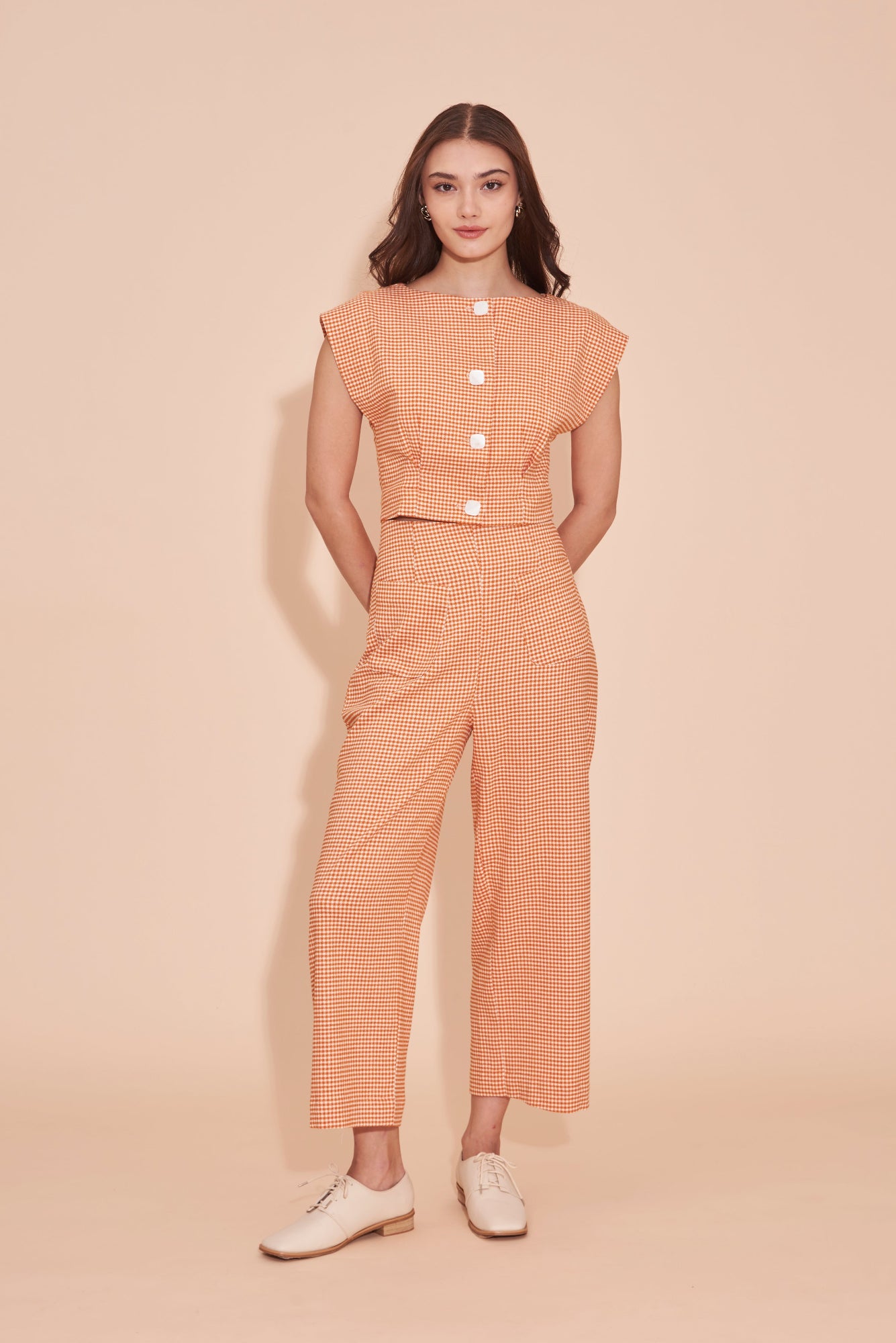"SOMETHING SWEET" 3/4 High Waist Culottes Pants In Orange Gingham Check With Front Pockets