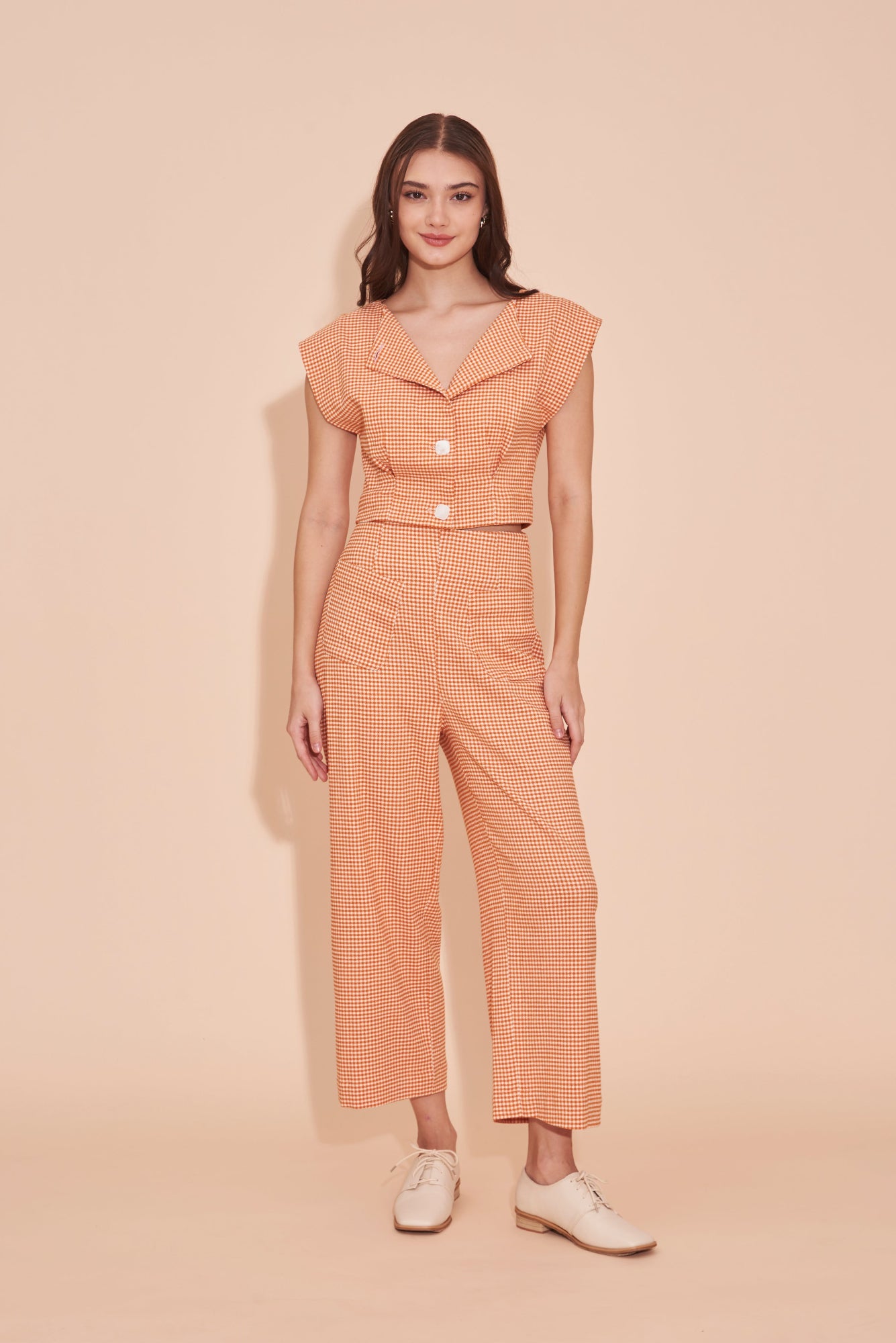 "SOMETHING SWEET" 3/4 High Waist Culottes Pants In Orange Gingham Check With Front Pockets