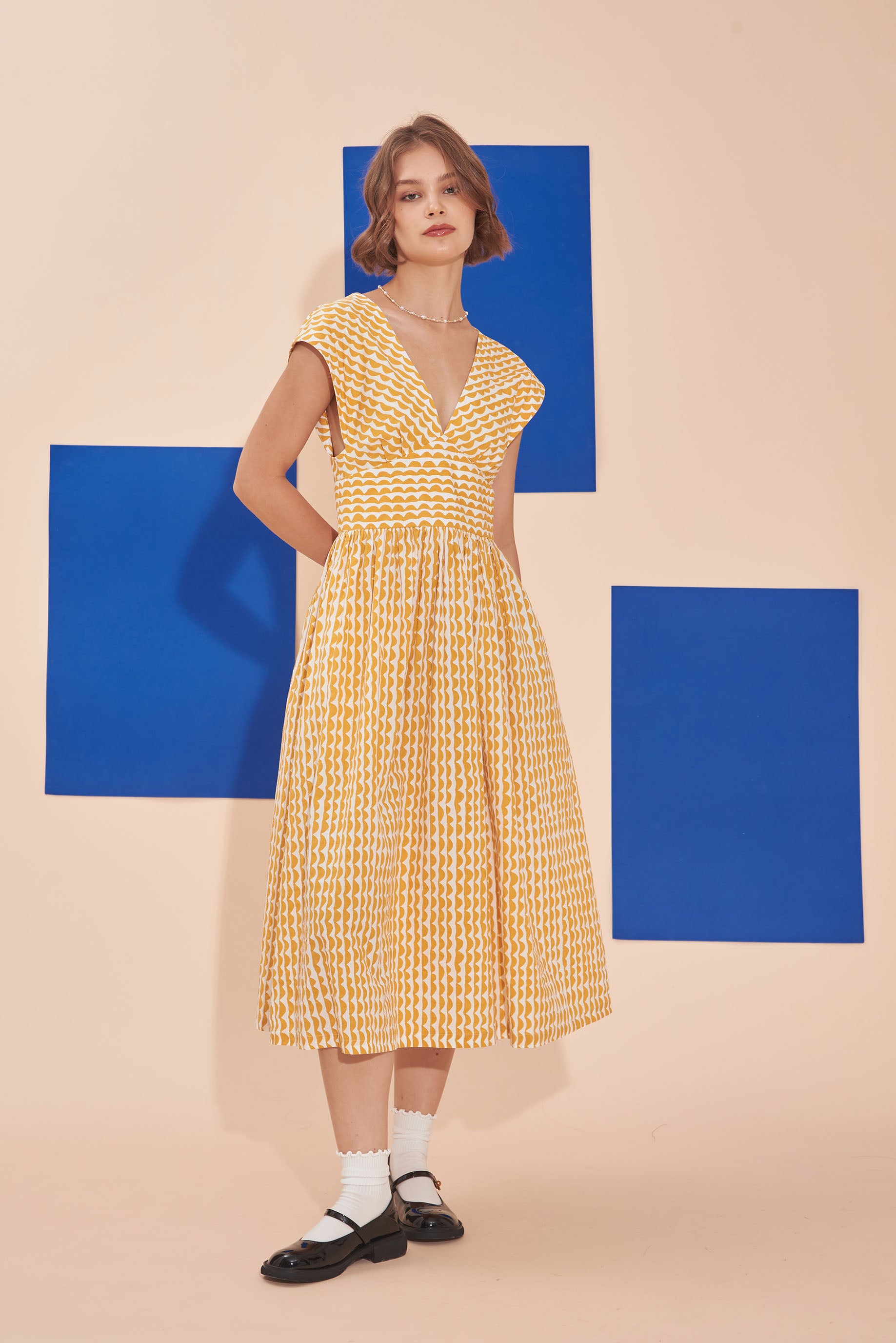 Penny Arcade Scallop Stripes Tea Dress With Plunging V neck In Mustard Yellow