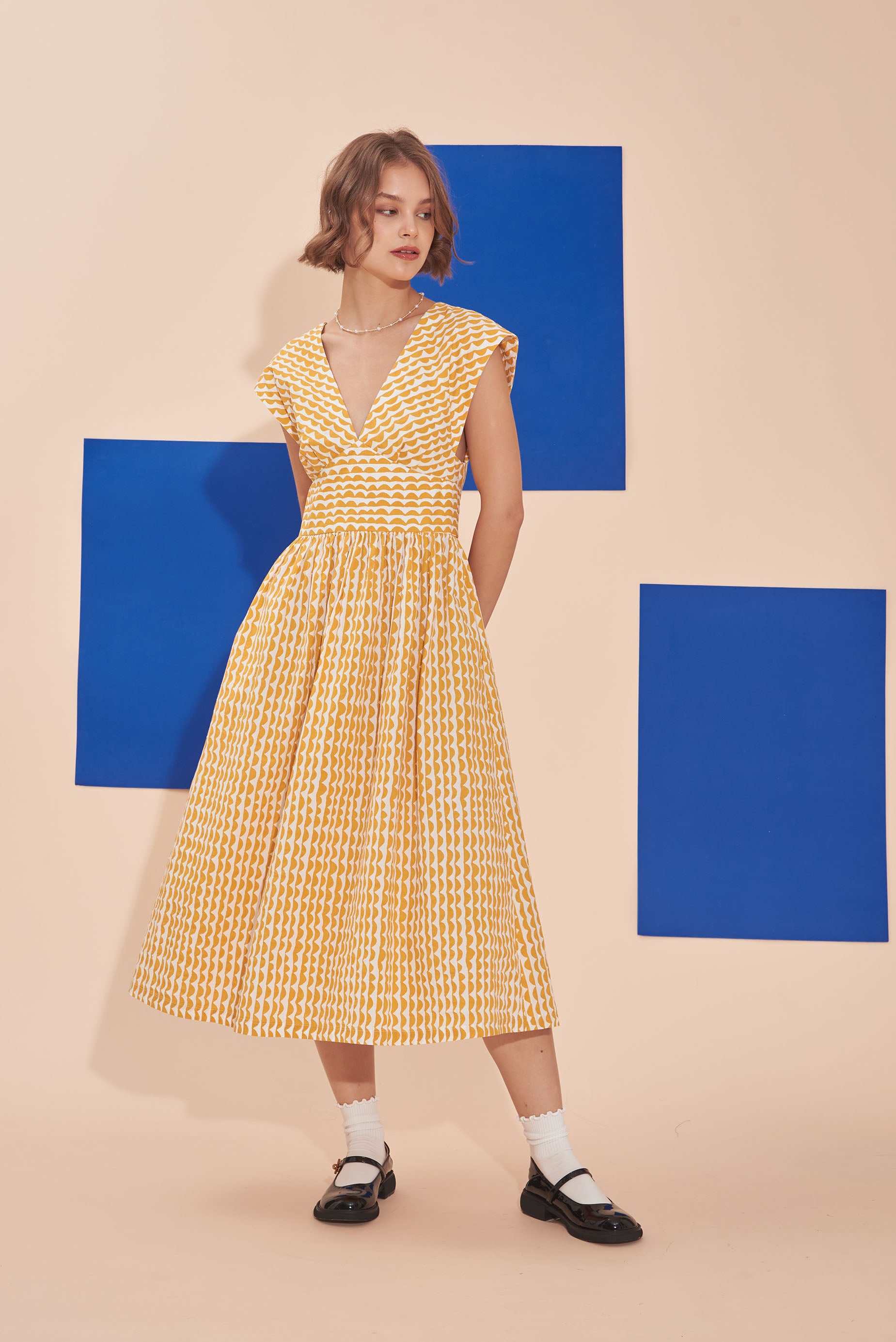 Penny Arcade Scallop Stripes Tea Dress With Plunging V neck In Mustard Yellow