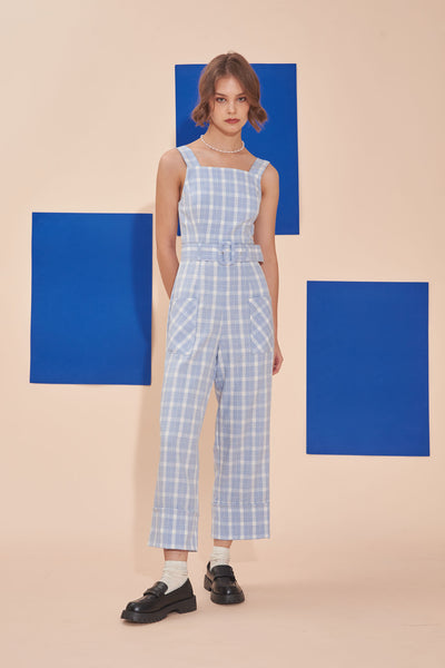MAKE YOURSELF AT HOME | Pinafore Jumpsuits With Buckle Belt In Blue Plaids