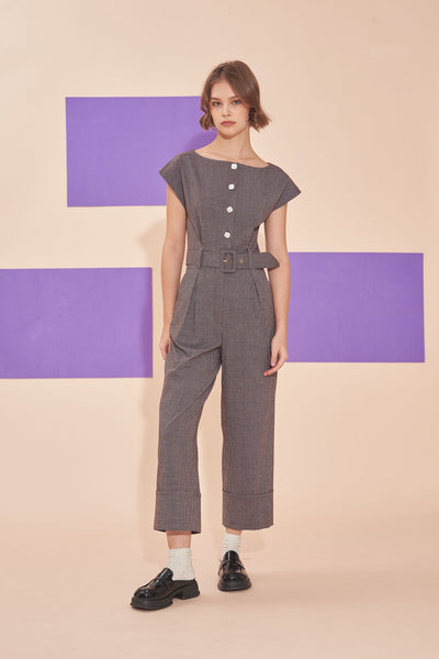 ON A HIGH NOTE | Boat Neck Off Shoulder Jumpsuits In Dark Brown Checkered
