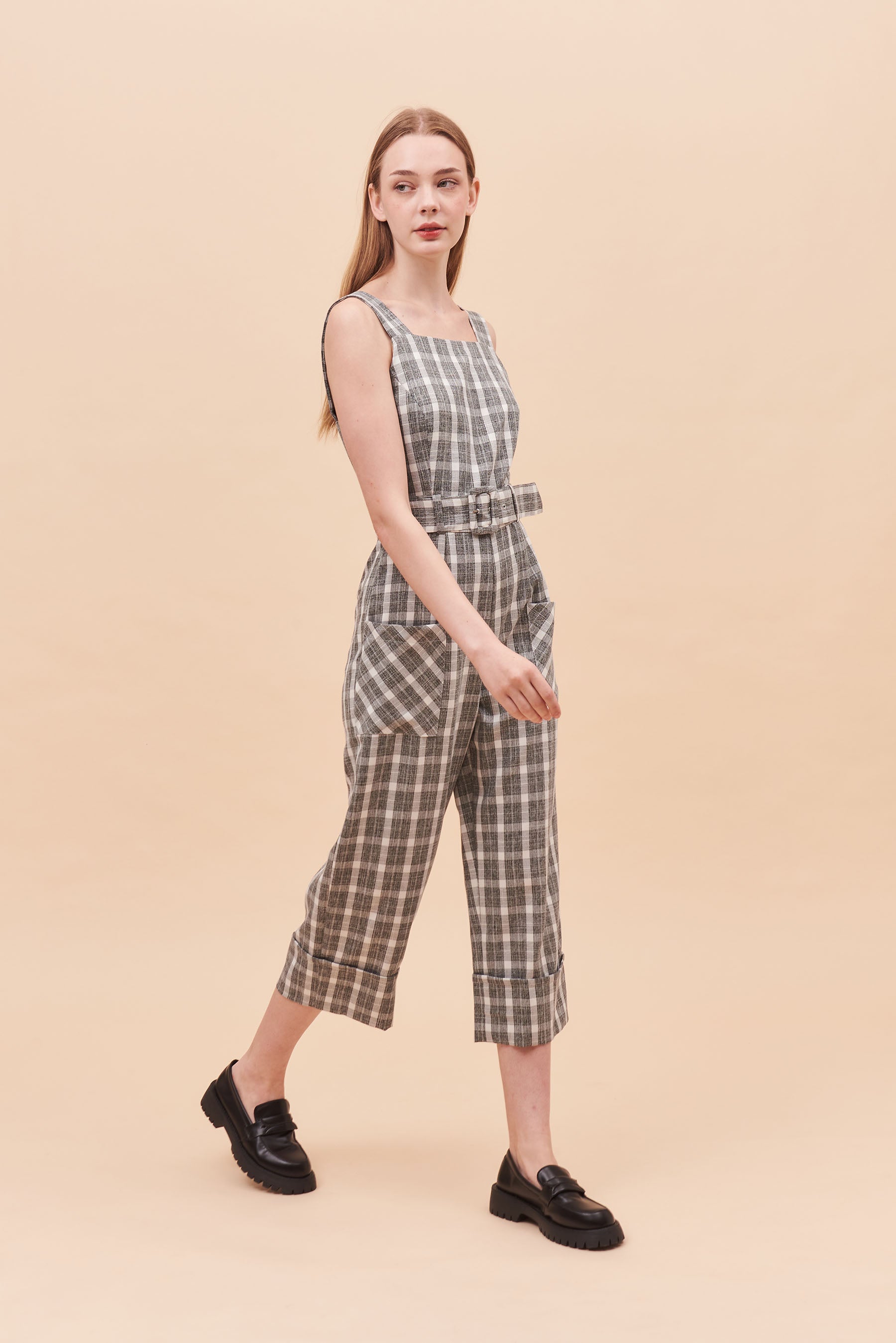 MAKE YOURSELF AT HOME | Pinafore Jumpsuits With Buckle Belt In Grey Plaids