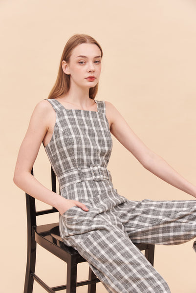 MAKE YOURSELF AT HOME | Pinafore Jumpsuits With Buckle Belt In Grey Plaids