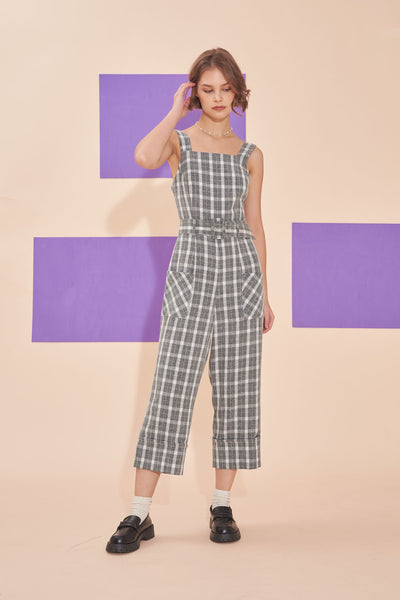 MAKE YOURSELF AT HOME | Pinafore Jumpsuits With Buckle Belt In Grey Plaids