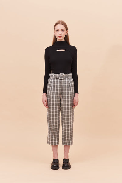 THE WONDER OF YOU | High Waisted Cigarette Pants In Grey Plaids With Buckle Belt
