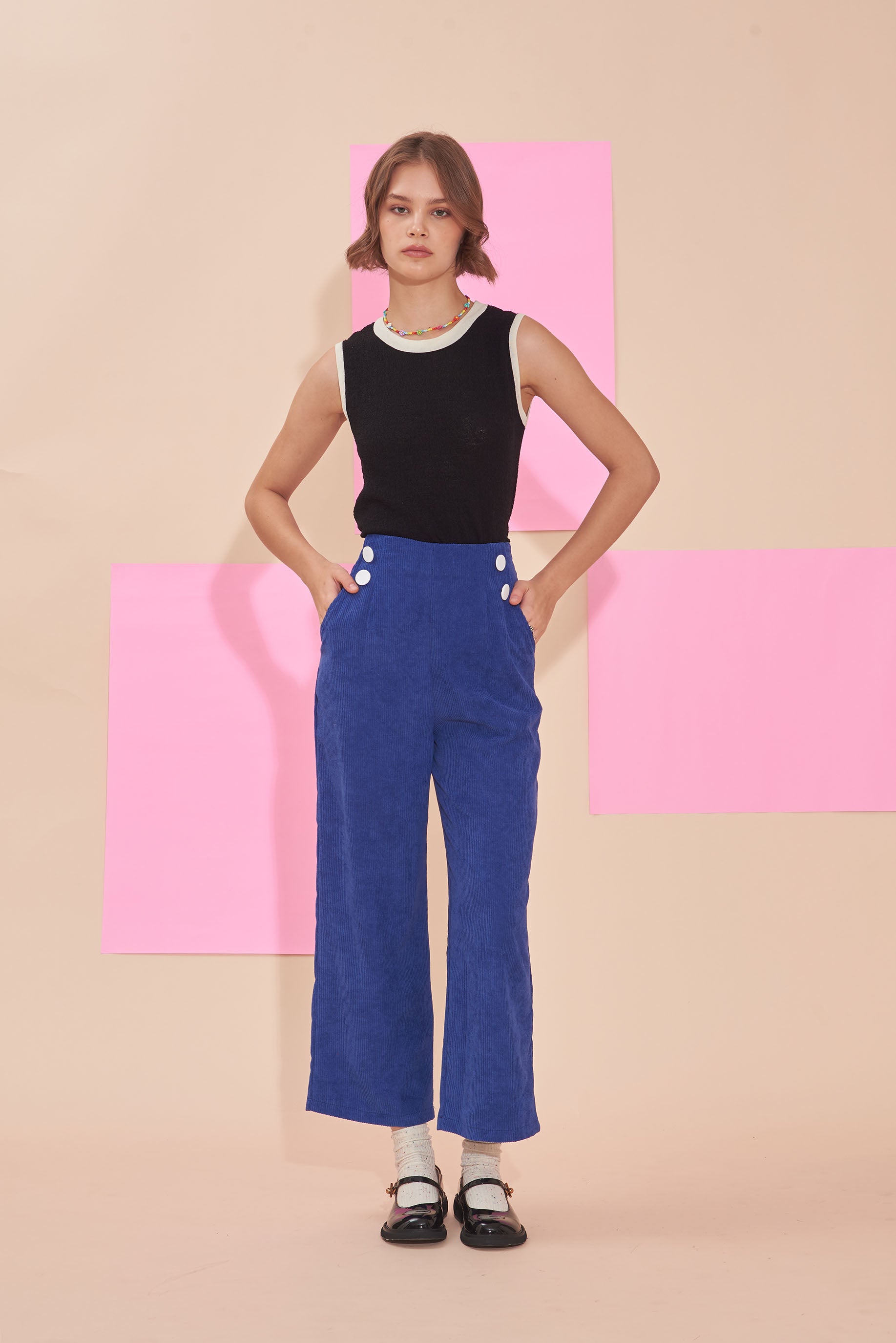 "SUNSHINE" 3/4 High Waist Culottes In Cobalt Blue Cotton Corduroy With White Contrast Buttons.