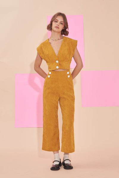 "SUNSHINE" 3/4 High Waist Culottes In Mustard Yellow Cotton Corduroy With White Contrast Buttons.