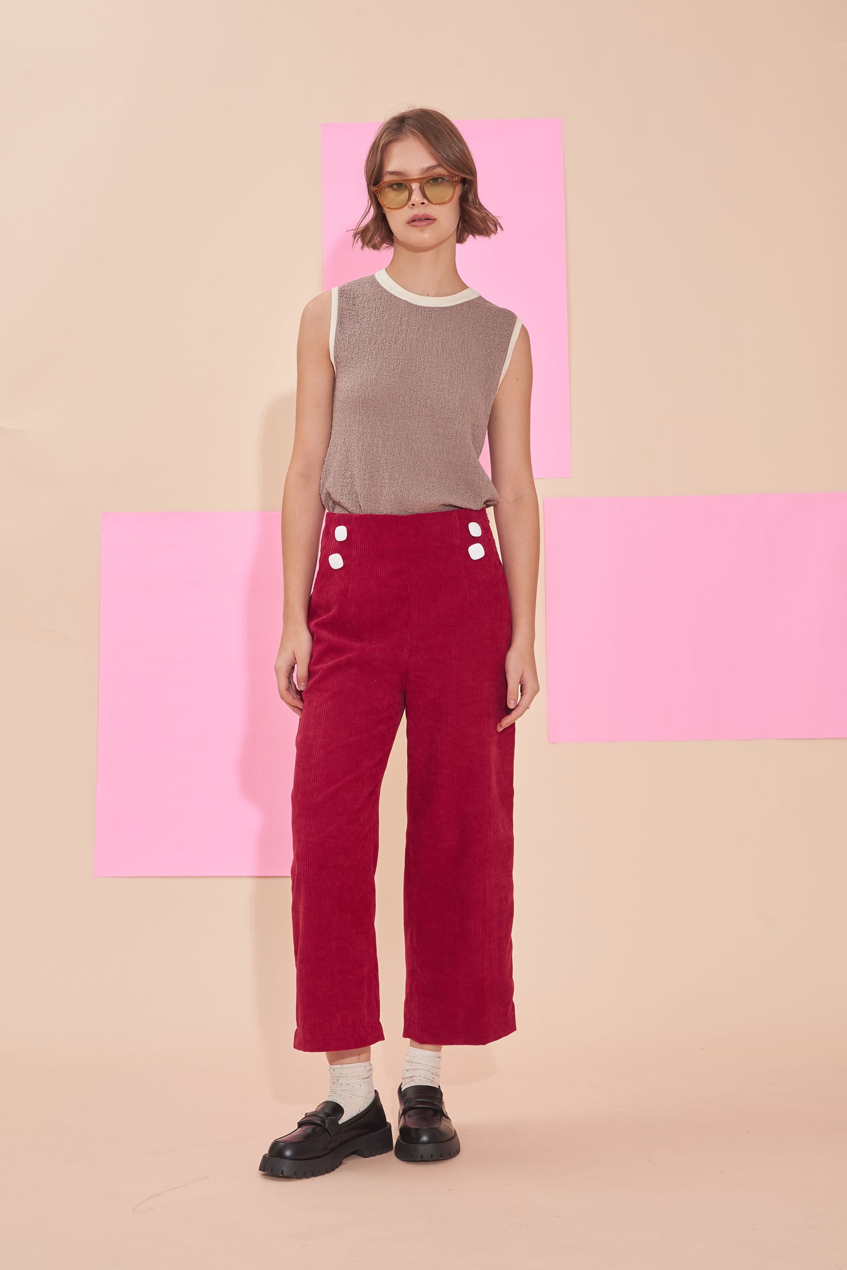 "SUNSHINE" 3/4 High Waist Culottes In Lipstick Red Corduroy With White Contrast Buttons