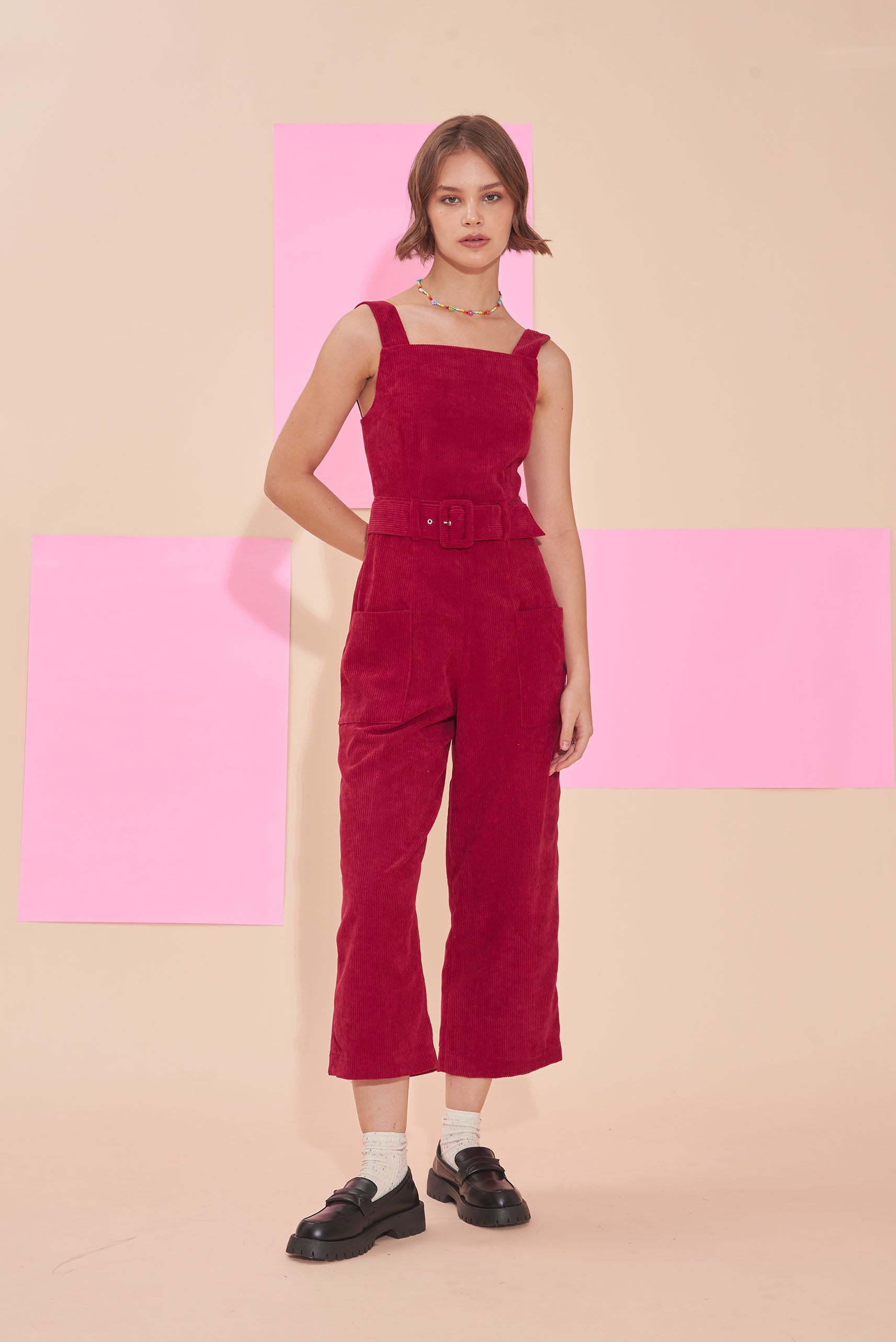 "SUNSHINE" Corduroy Pinafore Jumpsuits in Red