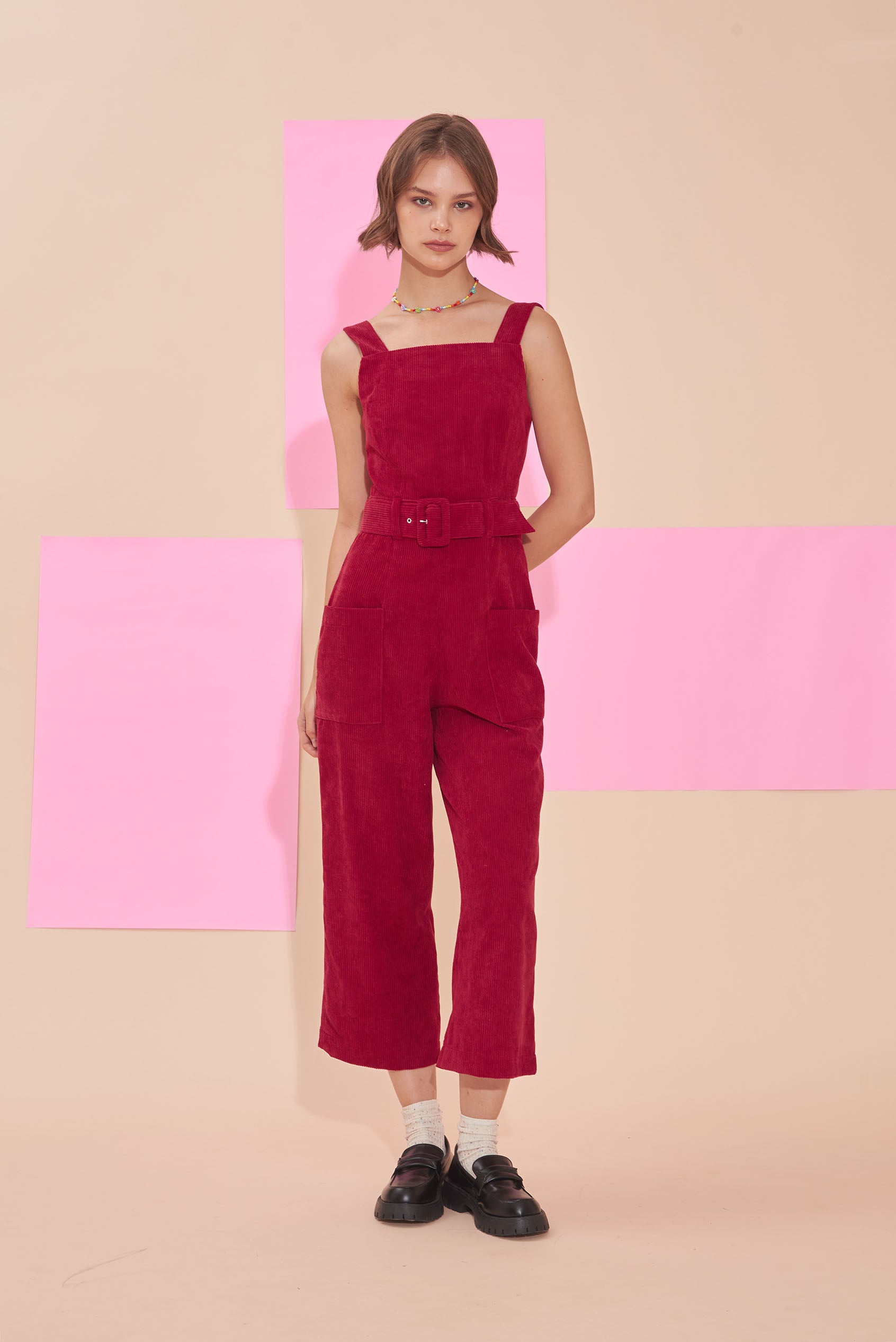 "SUNSHINE" Corduroy Pinafore Jumpsuits in Red