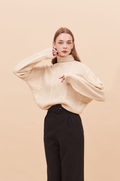 Oversize cropped cable Knit Jumper with Blouson Sleeves With Turtle Neck