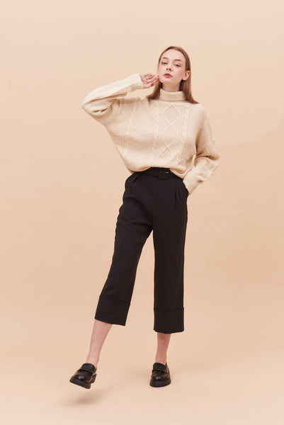 Oversize cropped cable Knit Jumper with Blouson Sleeves With Turtle Neck