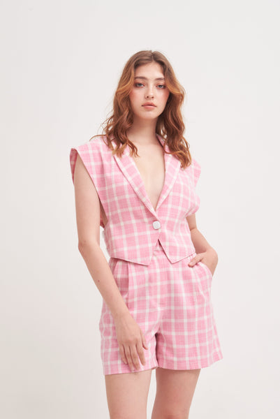 NEW FOUND FREEDOM | Tailored Tuxedo Vest Top In Pink Plaids