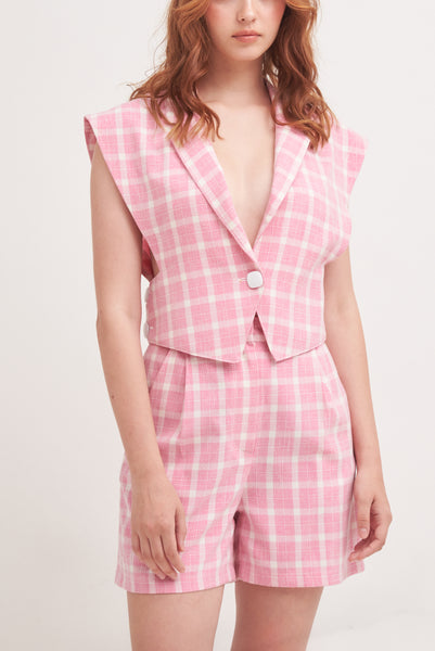 NEW FOUND FREEDOM | Tailored Tuxedo Vest Top In Pink Plaids