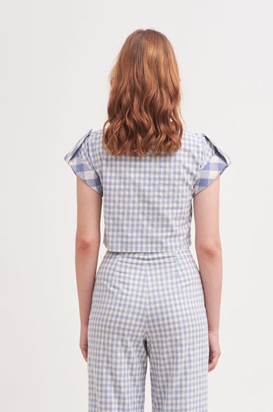 HOME SWEET HOME | Button Up Cropped Top In Blue Gingham With Reverse Contrast Collar Boat Neck