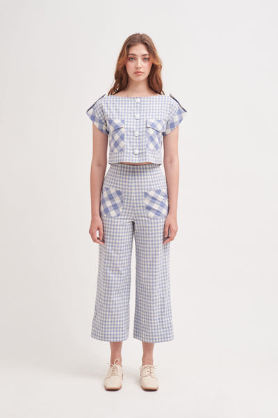 HOME SWEET HOME | Button Up Cropped Top In Blue Gingham With Reverse Contrast Collar Boat Neck