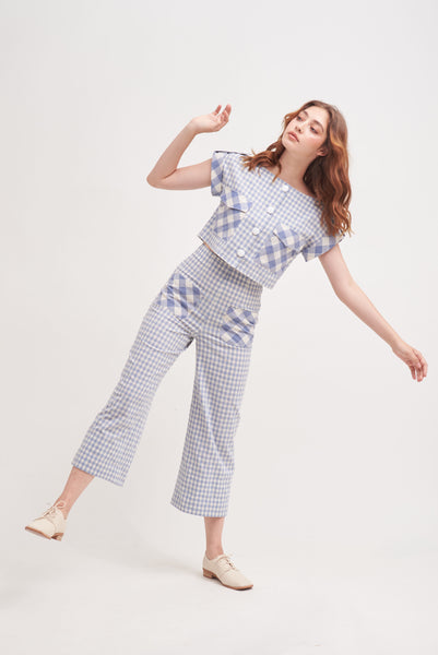 HOME SWEET HOME | High Waisted Culottes With Contrast Patch Pocket in Blue Gingham