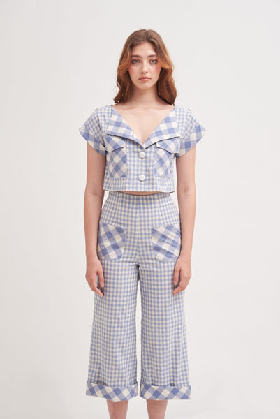 HOME SWEET HOME | High Waisted Culottes With Contrast Patch Pocket in Blue Gingham
