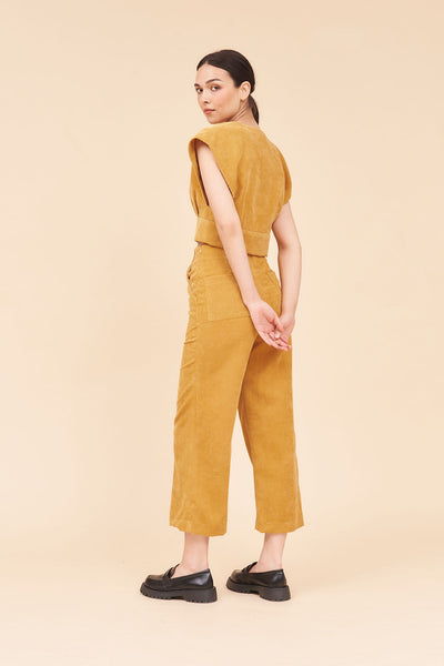 "SUNSHINE" 3/4 High Waist Culottes In Mustard Cotton Corduroy With White Contrast Buttons.
