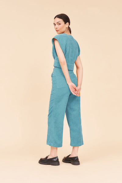 "SUNSHINE" 3/4 High Waist Culottes In Aqua Blue Cotton Corduroy with White Contrast Buttons