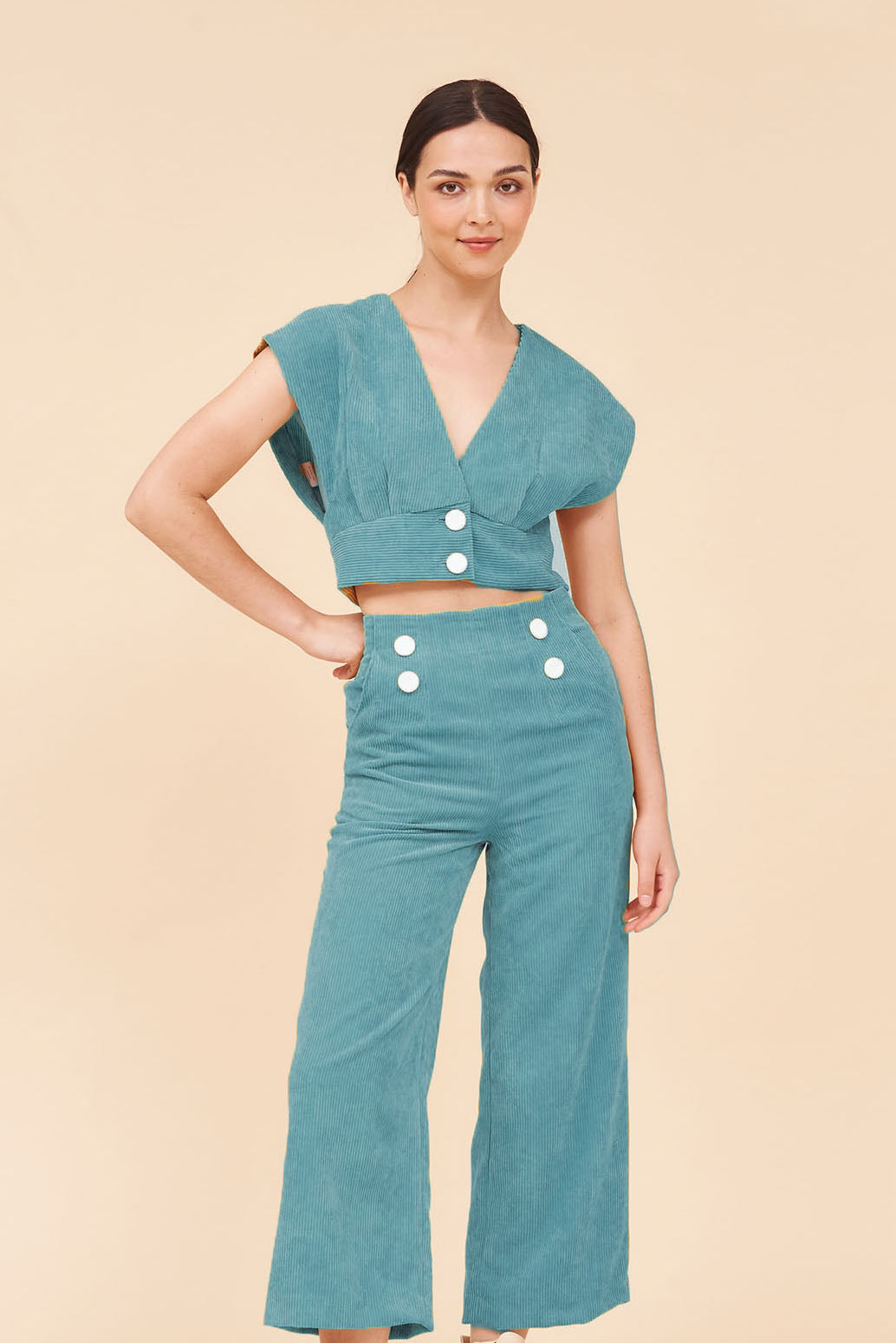 "SUNSHINE" Plunging V neck Cropped Top With Empire Waist in Aqua Blue Cotton Corduroy