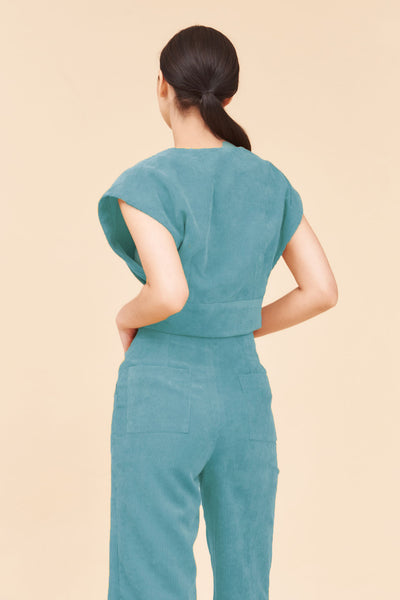 "SUNSHINE" 3/4 High Waist Culottes In Aqua Blue Cotton Corduroy with White Contrast Buttons