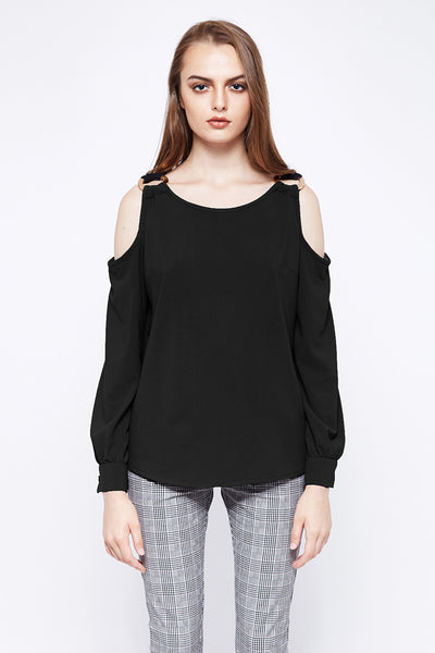 DRAMA QUEEN | Black Gold Buckle Cold Shoulder Blouse