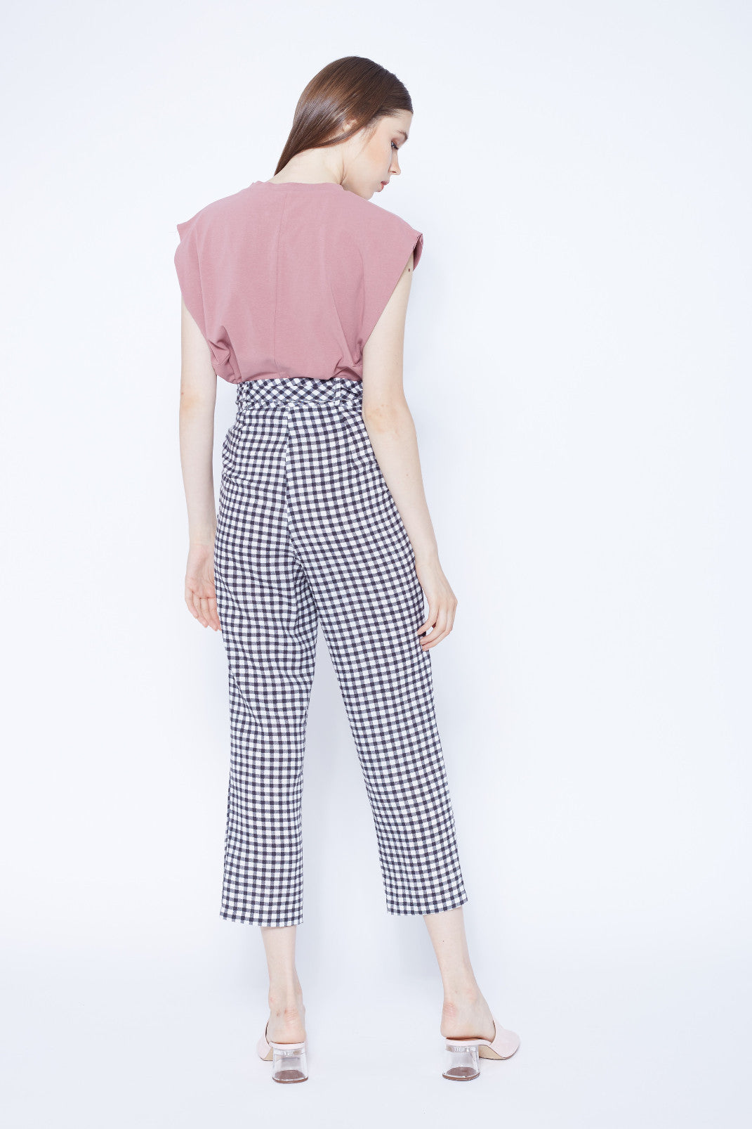 High Waisted Pleat Front Pants In Gingham