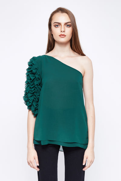 Green Ruffle One Shoulder Top