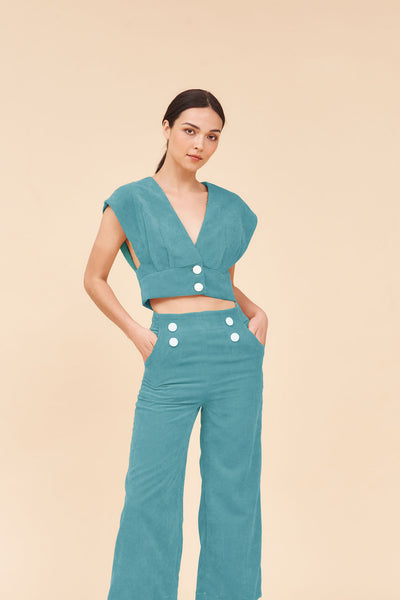 "SUNSHINE" 3/4 High Waist Culottes In Aqua Blue Cotton Corduroy with White Contrast Buttons