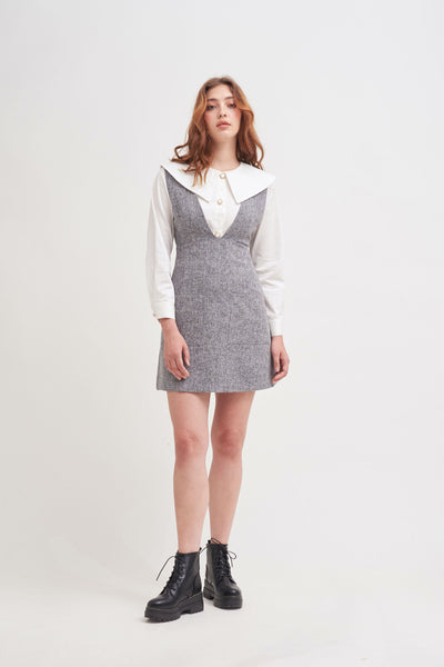 SEAL THE DEAL | Plunging V Neck Pinafore Mini Dress in Grey Tweed
