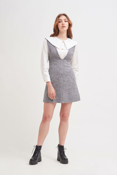 SEAL THE DEAL | Plunging V Neck Pinafore Mini Dress in Grey Tweed