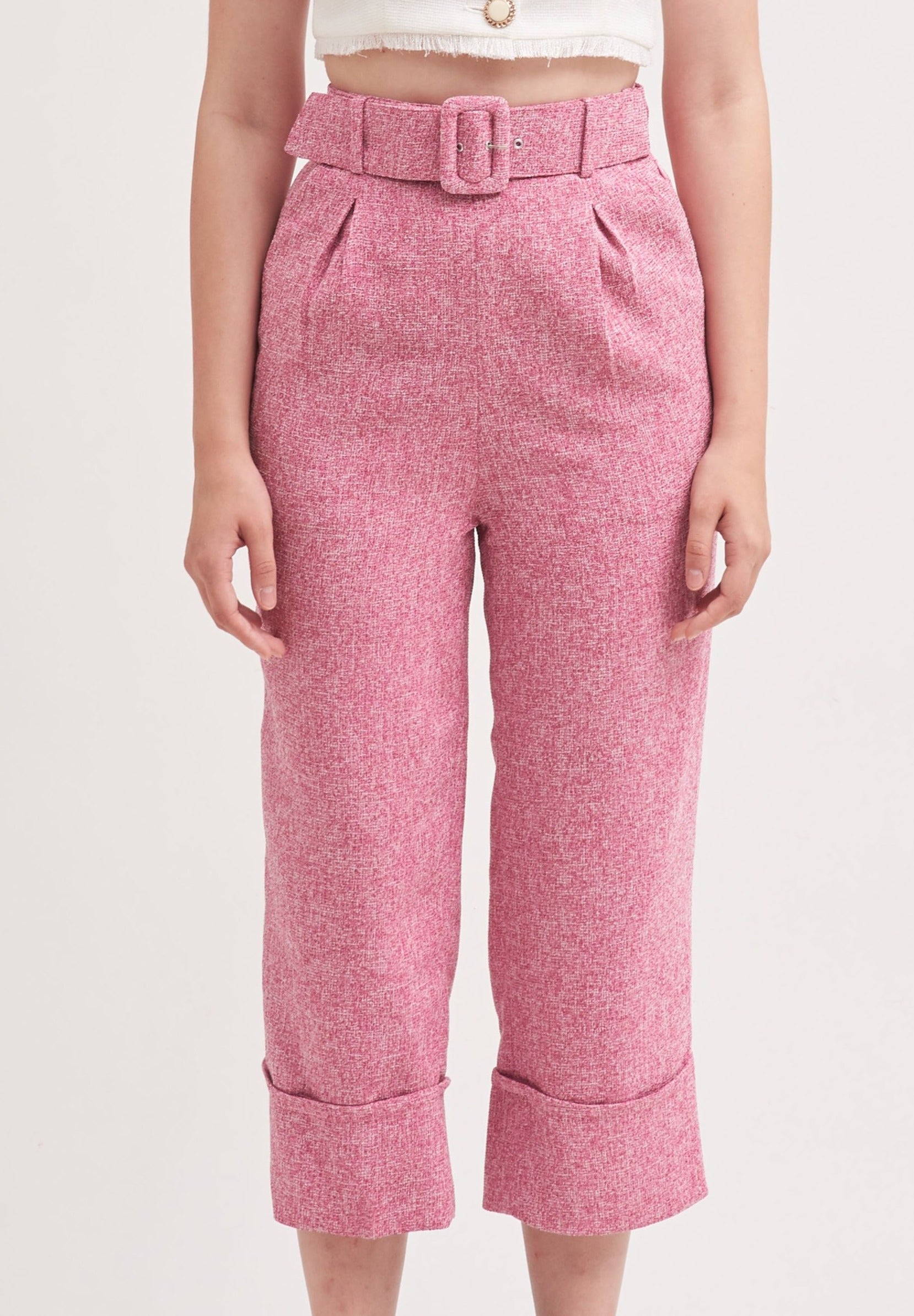 THINK OUTSIDE THE BOX | High Waisted Culottes In Pink Tweed With Belt