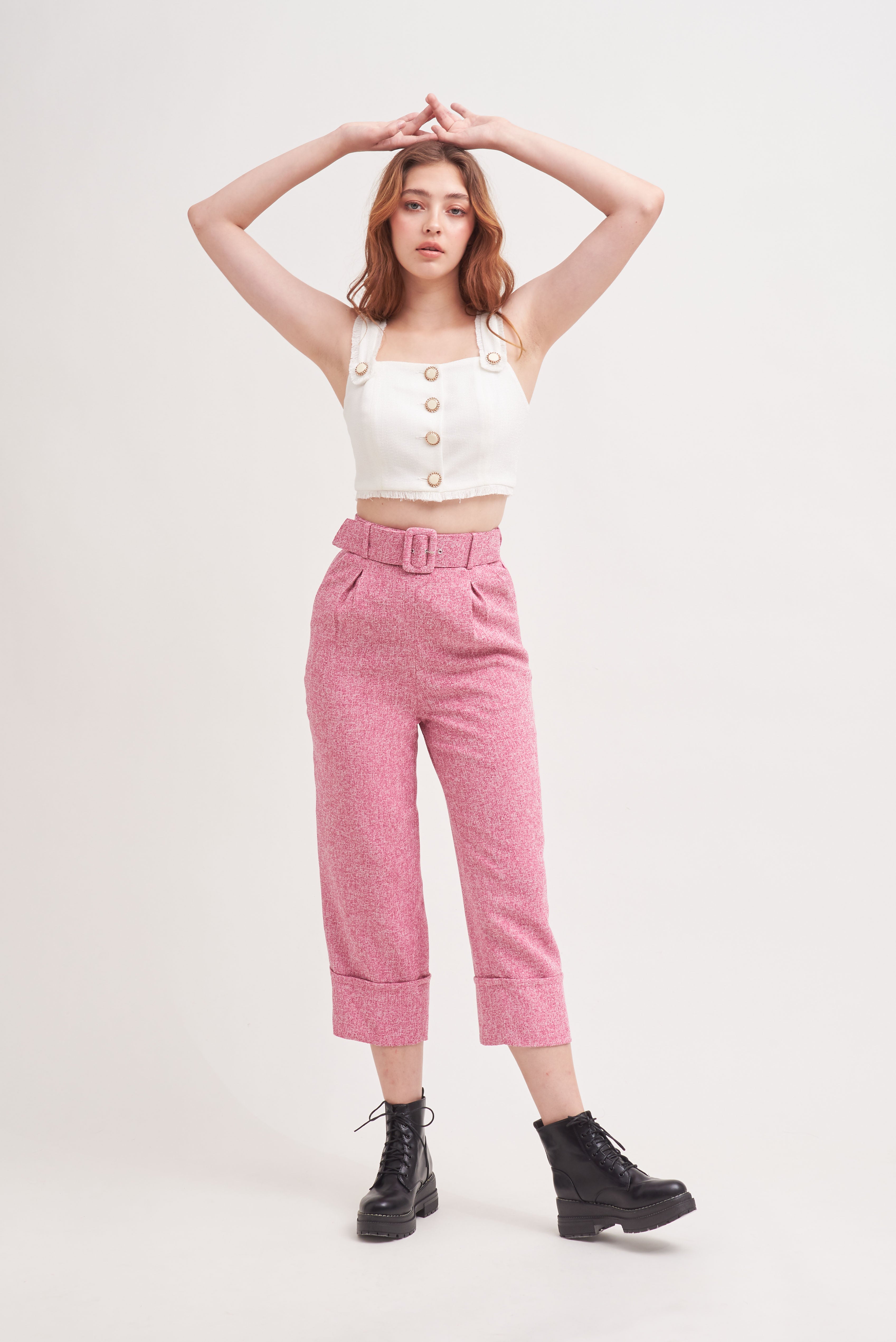 THINK OUTSIDE THE BOX | High Waisted Culottes In Pink Tweed With Belt
