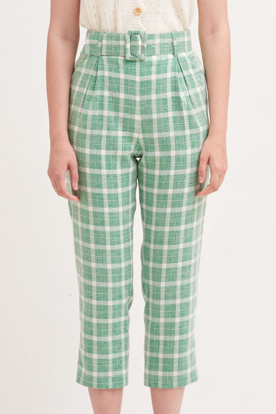 THE WONDER OF YOU | High Waisted Cigarette Pants In Green Plaids With Belt