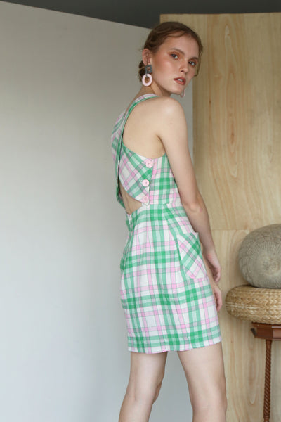 Suit Yourself | Pink Green Plaids Cross Back Mini Pinafore Dress
