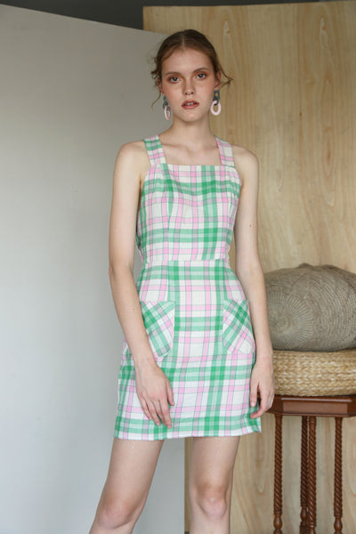 Suit Yourself | Pink Green Plaids Cross Back Mini Pinafore Dress