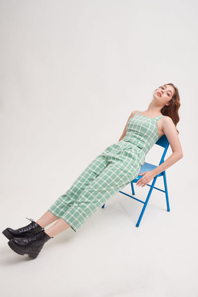 MAKE YOURSELF AT HOME | Pinafore Jumpsuits With Matching Belt In Green Plaids